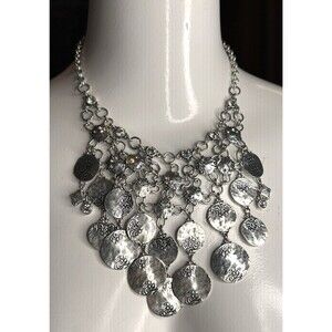 Chico’s Necklace Bold Silvertone Bib Statement Belly Dancing Skirt Jingle Boho